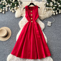 French red sleeveless midi dress - summer collection: slimming a-line with cinched waist, exquisite metal buckle detail, effortlessly chic