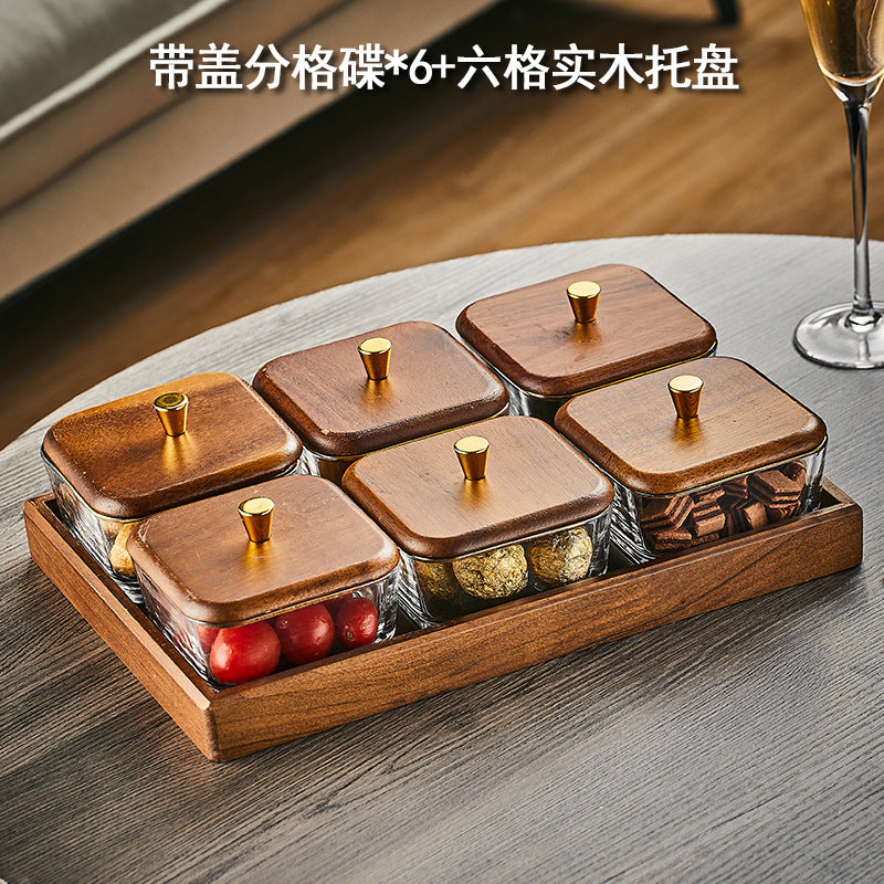 Walnut wood fruit bowl snack storage box - premium glass dried fruit dish - coffee table dessert & candy organizer