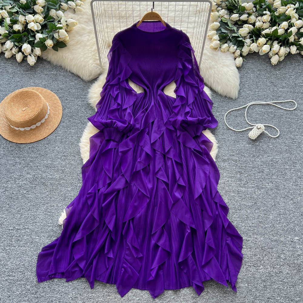 Miya european and american dress women's  autumn high-end slimming waist ruffle lantern sleeve pleated maxi dress