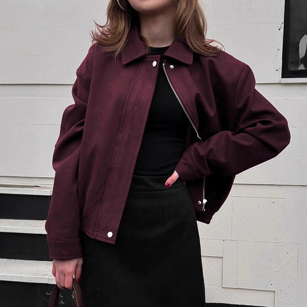 Vintage burgundy suede jacket women's 2025 winter design sense casual tooling jacket top European and American women's clothing
