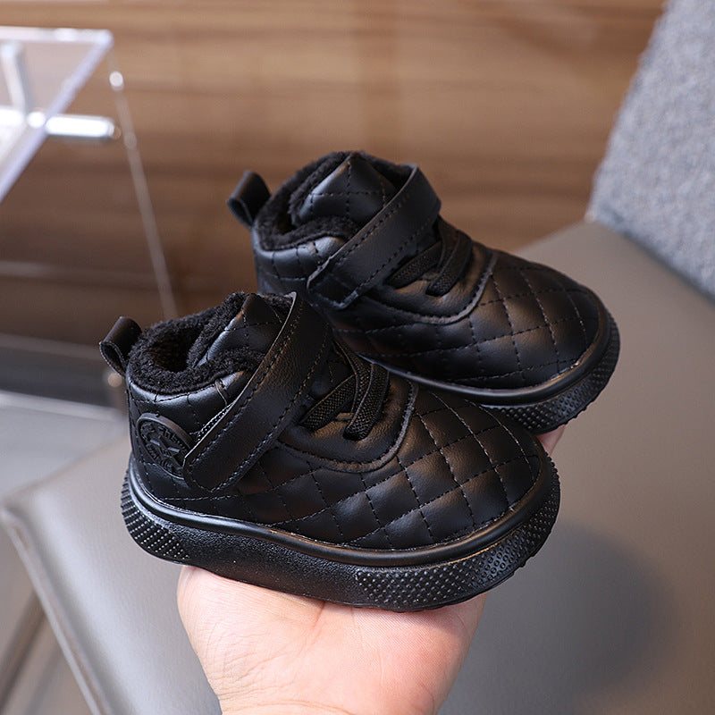 Autumn/winter high-top soft sole non-slip prewalker shoes for baby boys and girls, ages 1-3, fleece-lined, extra thick, warm, double-layer cotton shoes, bread shoes style
