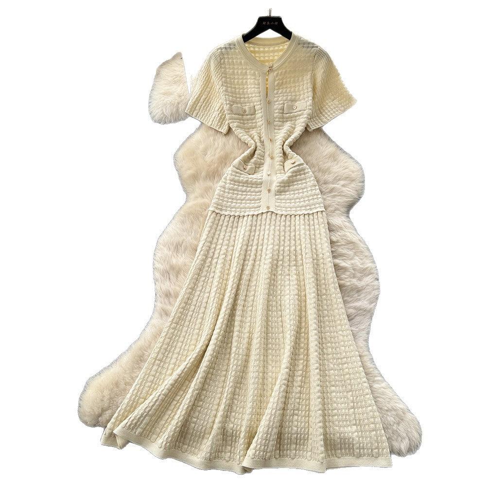 French style chic casual dress - women's short sleeve korean a-line dress - high waist slimming work-ready elegant dress