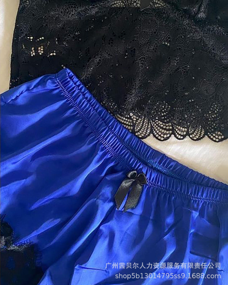 Spot  2021 European and American new royal blue sexy lace suspender set pajamas