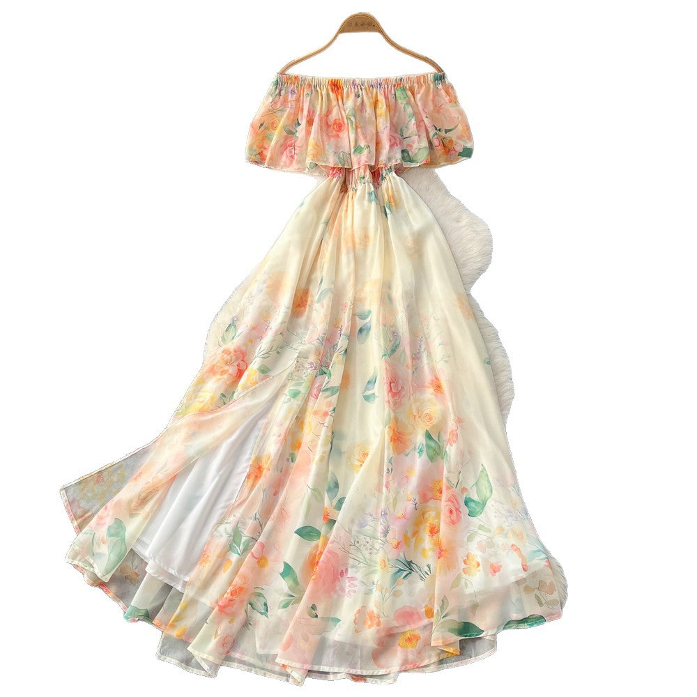 Vacation-style off-the-shoulder ruffle print dress - women's spring/summer korean high-waisted slimming elegant maxi dress