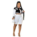 X6001 cross-border   fashion women's long-sleeved cropped jacket with lined shorts three-piece set