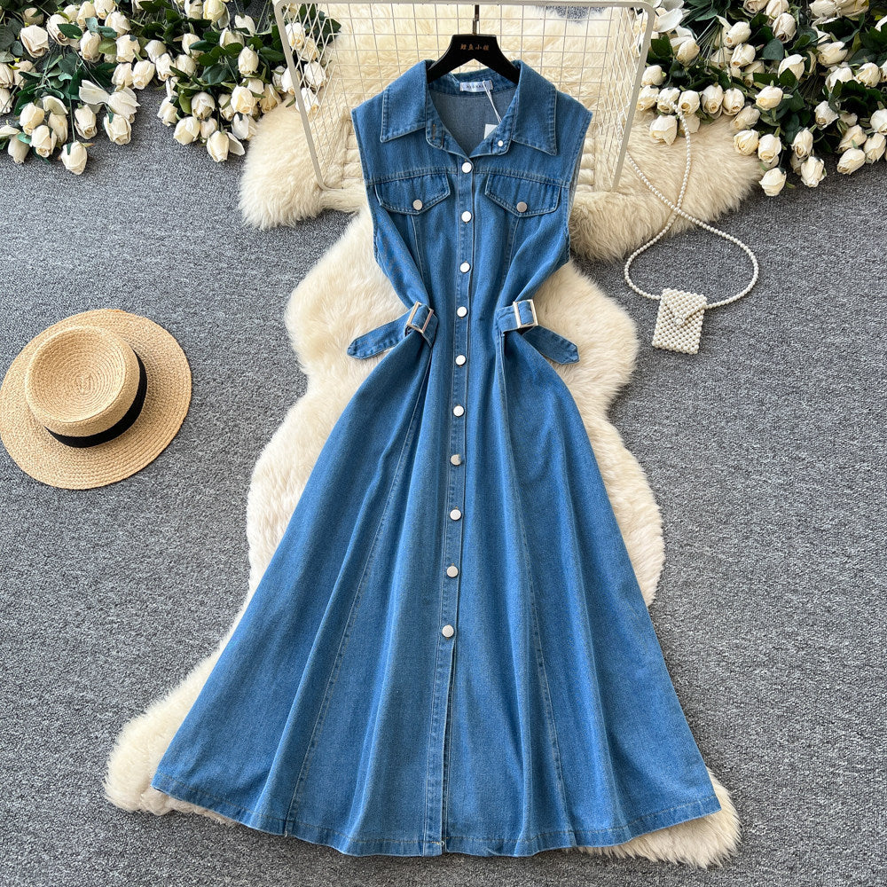 Korean style premium turn-down collar sleeveless single-breasted denim dress - women's summer slimming, figure-flattering, elegant maxi dress