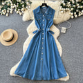 Korean style premium turn-down collar sleeveless single-breasted denim dress - women's summer slimming, figure-flattering, elegant maxi dress