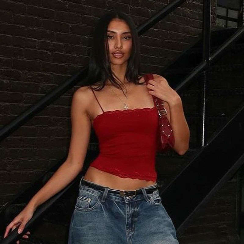 Summer American Spice Girl Lace Suspender Top One-word Skinny Short Tube Top Sexy Basic Versatile Vest