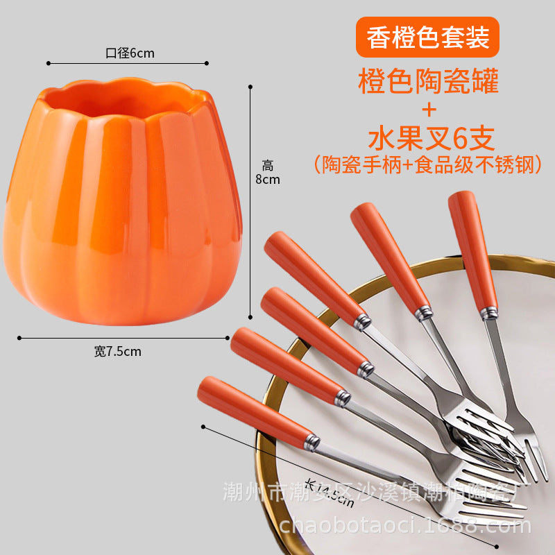 Stainless steel fruit fork set with premium ceramic storage jar, fruit picks, home watermelon forks, and stylish spoons