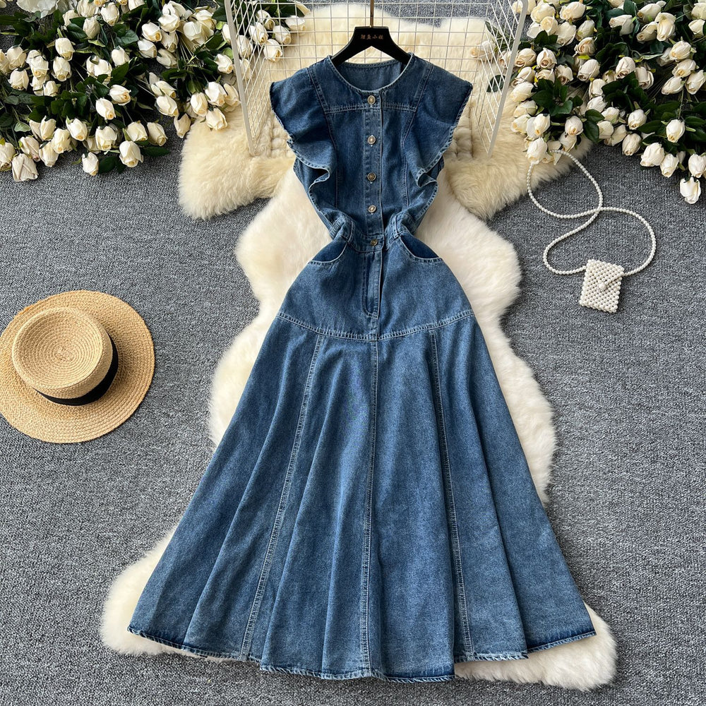Denim dress women's  new arrival: designer ruffle trim, single-breasted, cinched waist, sleeveless, maxi swing dress