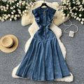 Denim dress women's  new arrival: designer ruffle trim, single-breasted, cinched waist, sleeveless, maxi swing dress