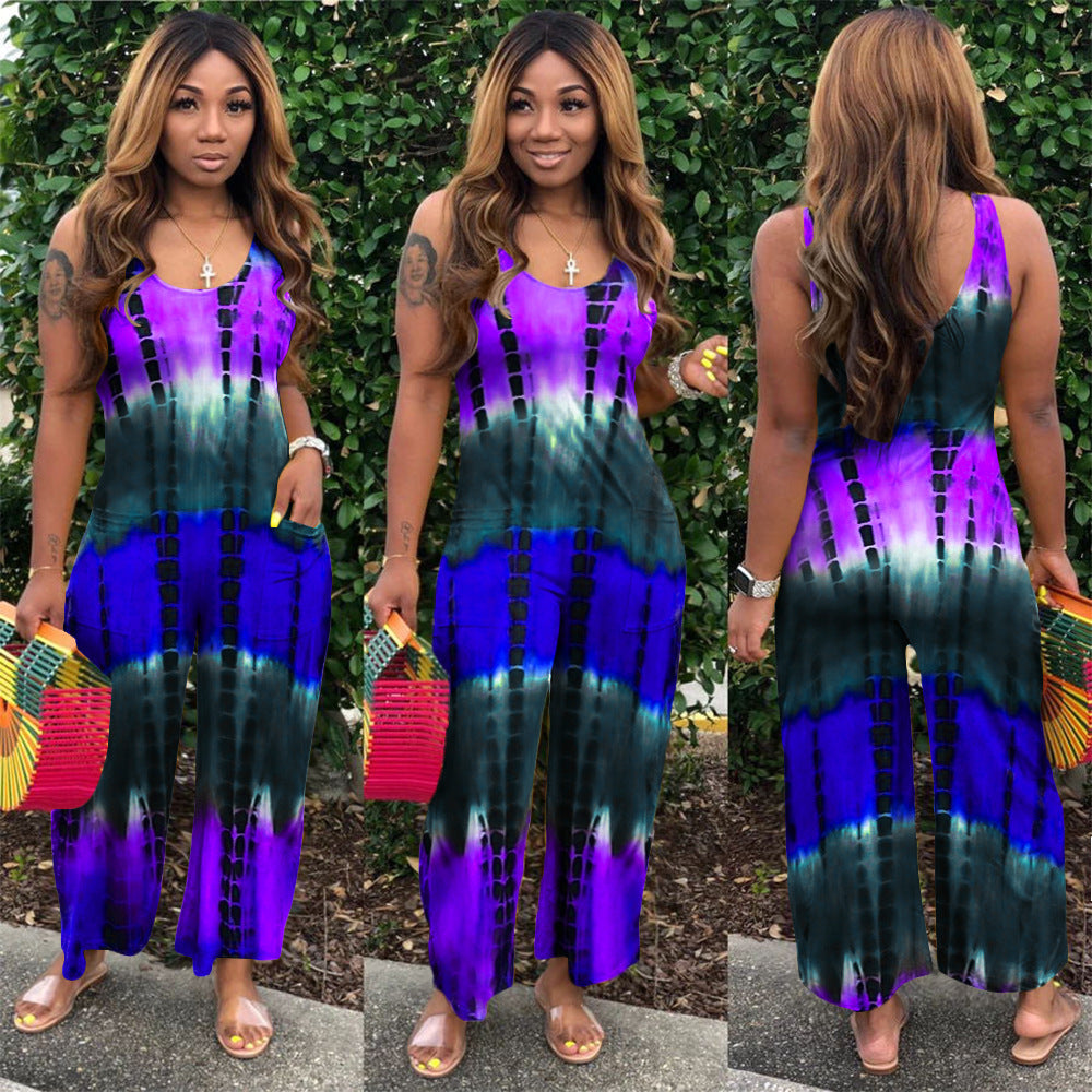 S390141 European and American summer wholesale casual off-the-shoulder hollow printing suspender jumpsuit fashionable wide-leg pants women