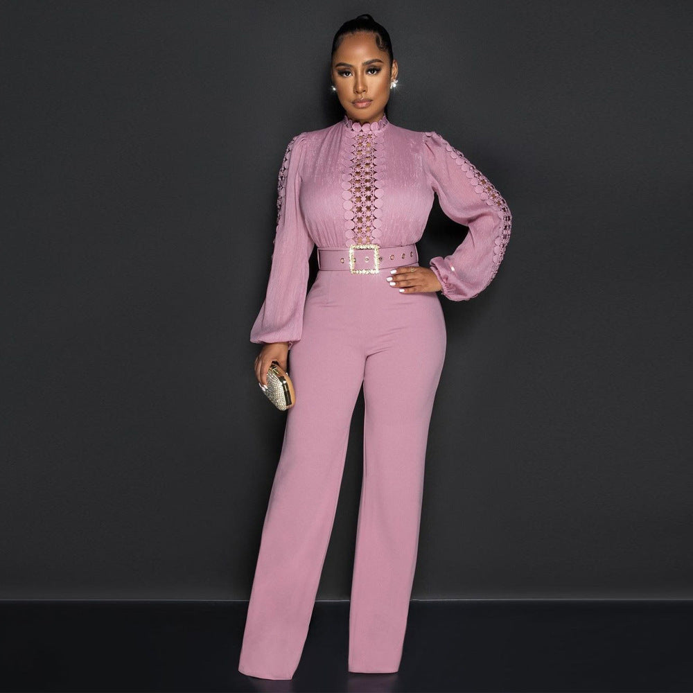 CY900533 European and American wish party style turtleneck hollow, perspective long-sleeved top, fashionable loose jumpsuit women