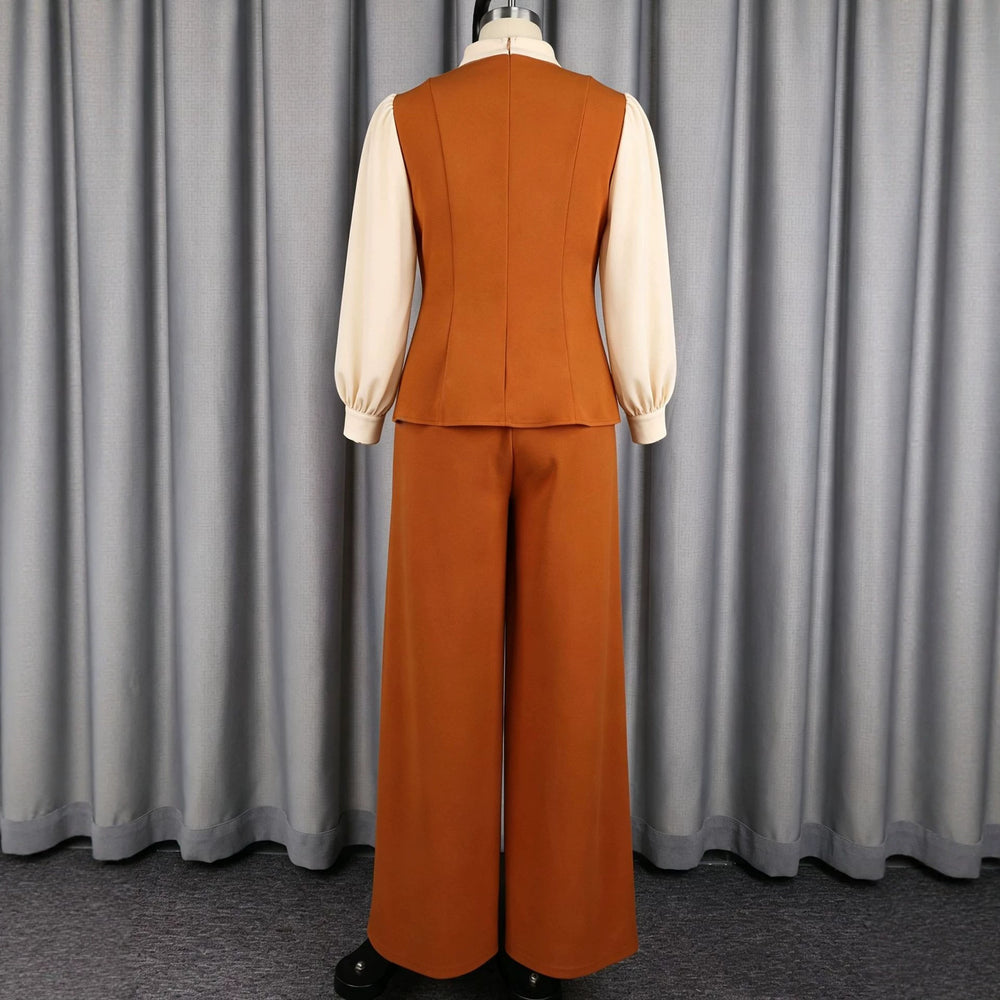 Autumn new color block casual two-piece set: chic commute patchwork waist ruffle top and wide-leg pants outfit