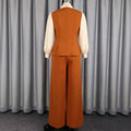 Autumn new color block casual two-piece set: chic commute patchwork waist ruffle top and wide-leg pants outfit
