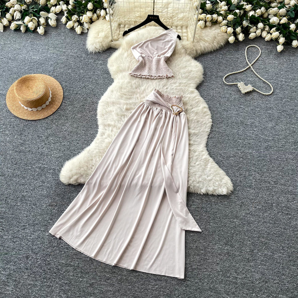 Vacation style halterbacklessbowstwo-piece set women's summer romantichigh waistslimming lookelegantfashionsuit