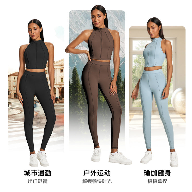 zipper sports vest suit high waist hip lifting tight yoga clothes training fitness two-piece set for women wholesale