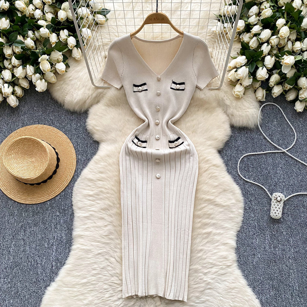Short-sleeved knittingdress female small fragrant style retrofrenchv neck color matching metal buckle silmslimming look bottom long skirt