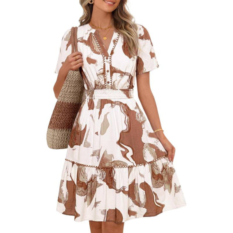 Amazon fashion short-sleeved a-line floral dress for women summernew arrivalbohemiav neck skirt