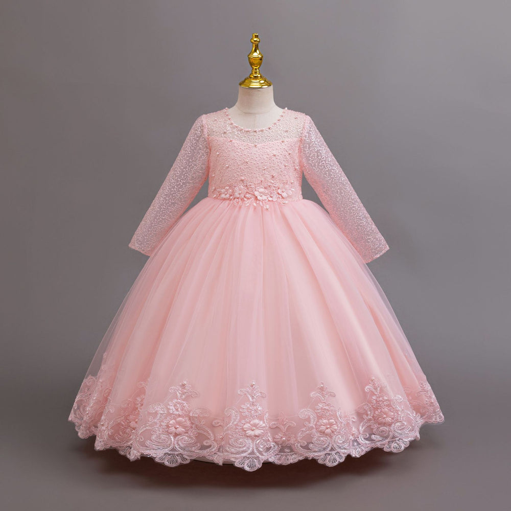 New in stock long sleeveslacekids dress wedding dress princess dress female flower girl birthday dress kids dress