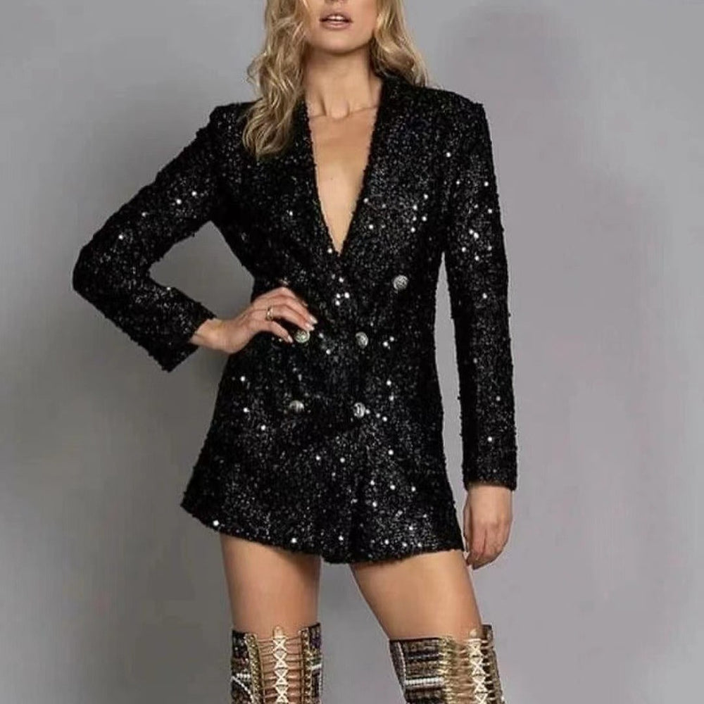 new arrivalfashionfashion socialite v-neck elegant suit outwear double-breasted black sequin silmlongtops