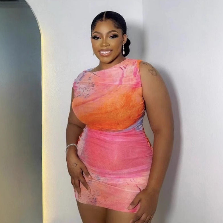 Cross-border European and American tight sexy dress mesh pullover sleeveless short skirt pleated hip skirt women's  wholesale