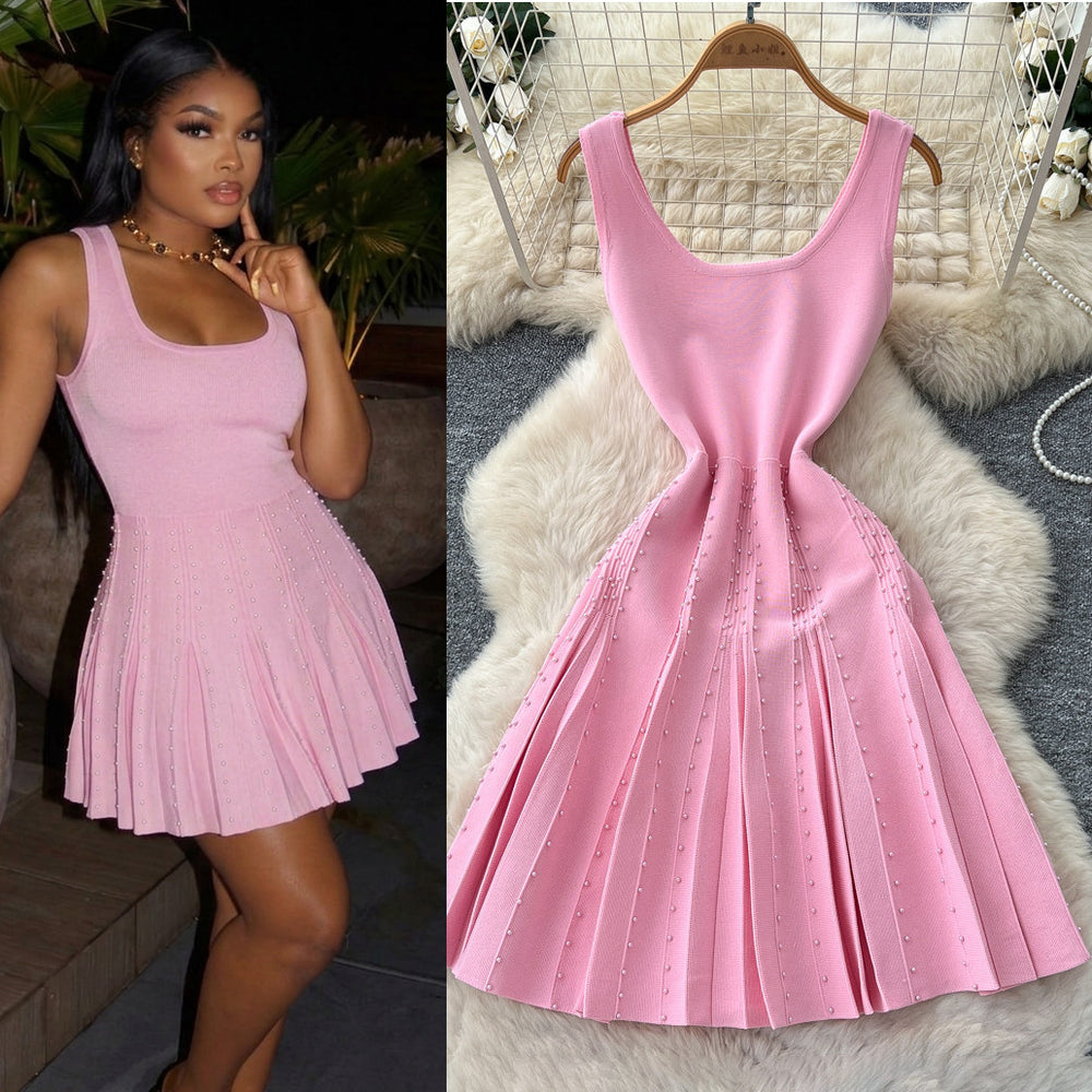 French chic sleeveless a-line knit dress - women's summer korean style high waist slimming elegant work dress