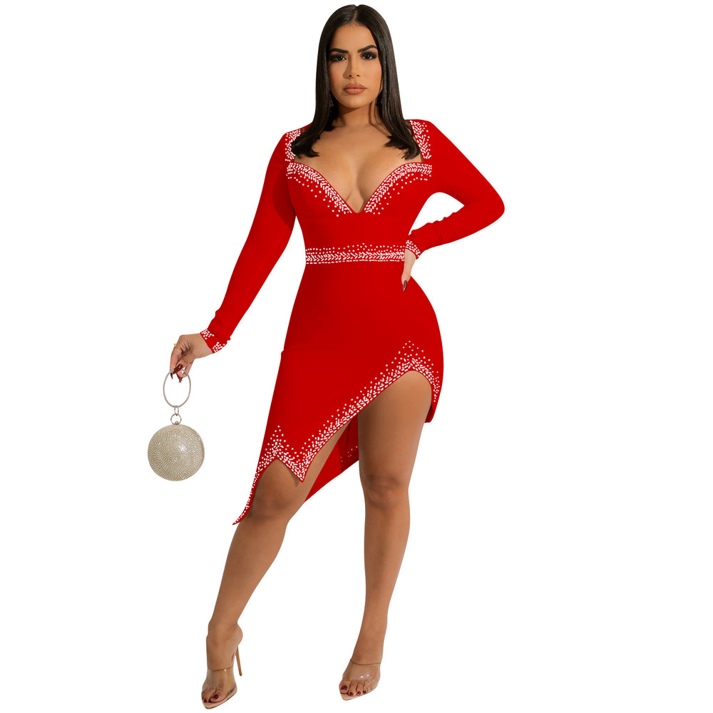 X5532   fashion sexy rhinestone nightclub women's v-neck long sleeve slit irregular dress