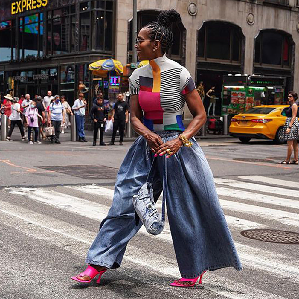 European and american cross-border women's fashion:  summer street style elastic waist drawstring high-waisted cropped wide-leg jeans