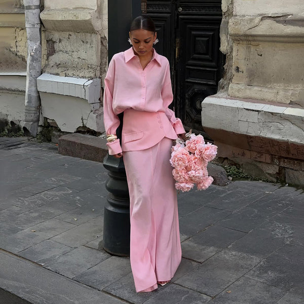 European and American style 2025 autumn  new creative street hipster temperament elegant solid color long-sleeved shirt skirt set