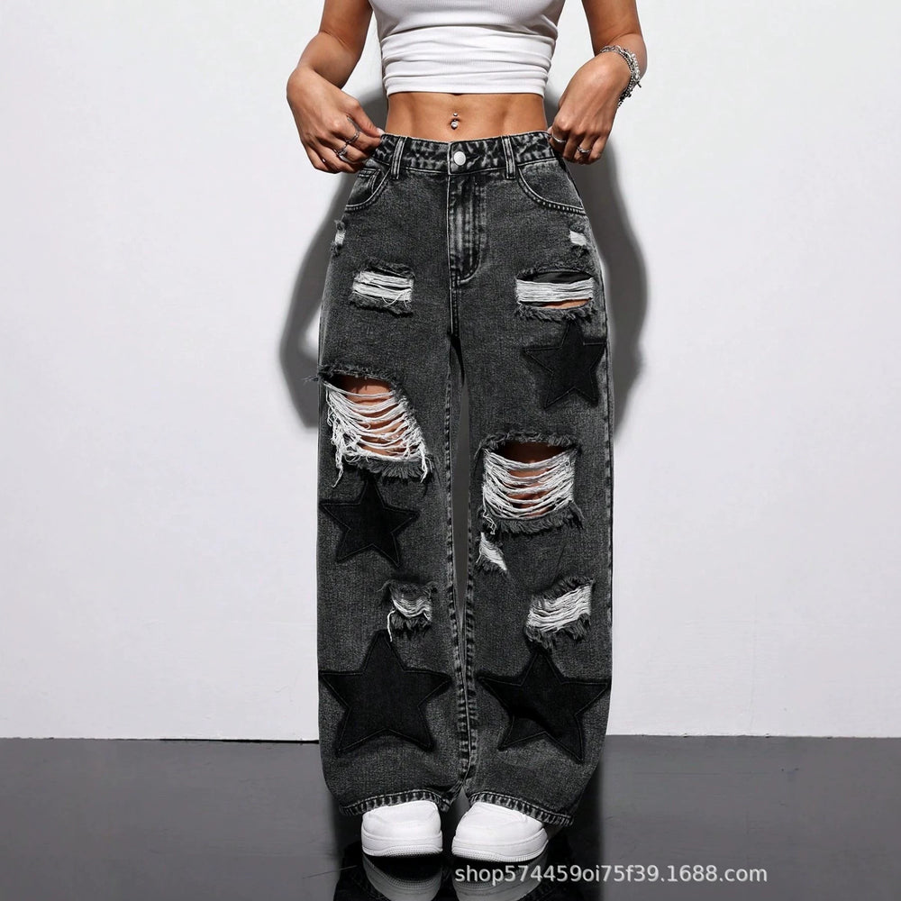 Plus size women's clothing  tiktok pinduoduo foreign trade cross-border fashion star ripped wide-leg jeans