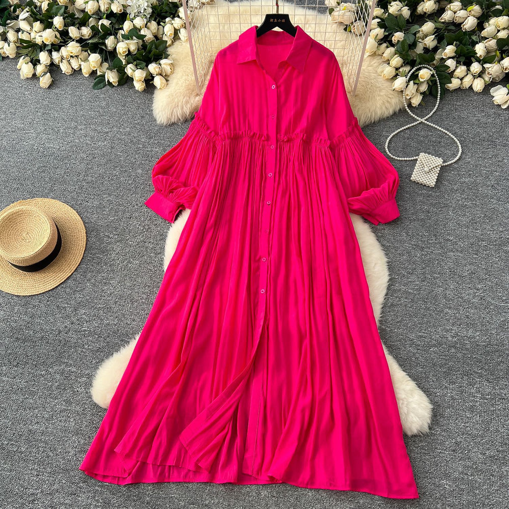 Vintage-inspired casual dress for women - spring  collection: pleated lantern sleeve, relaxed fit, single-breasted shirt dress