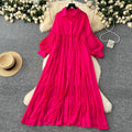 Vintage-inspired casual dress for women - spring  collection: pleated lantern sleeve, relaxed fit, single-breasted shirt dress