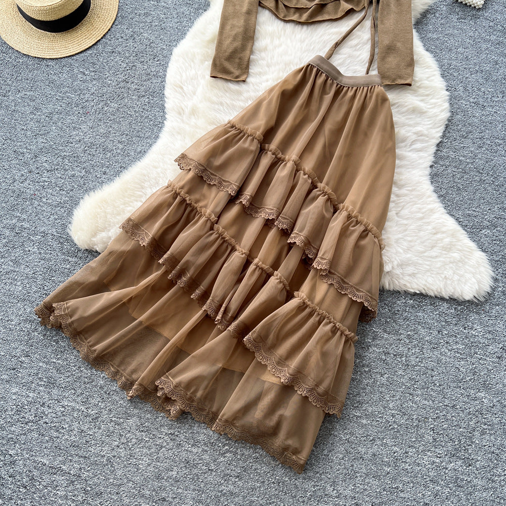 Commuting style ruffleshalter mesh two-piece set female autumslimslimming lookhigh waistsuitautum wear