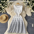 European and american style minimalist sleeveless crew neck striped knit dress - women's summer cinched waist design, unique fairy-inspired midi dress