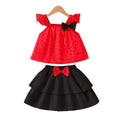 Girls' export dress set: red polka dot flutter sleeve top with bow detail and black midi skirt - two-piece outfit for kids