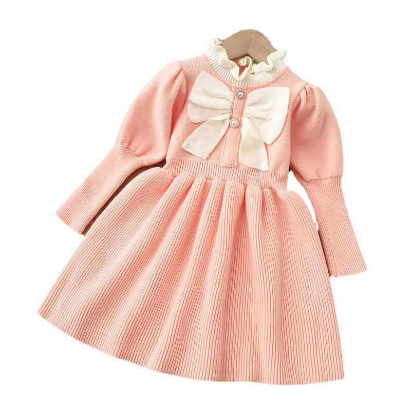 Girls' knitted sweater dress - autumn/winter  new collection - fashionable long dress with bow detail for baby girls