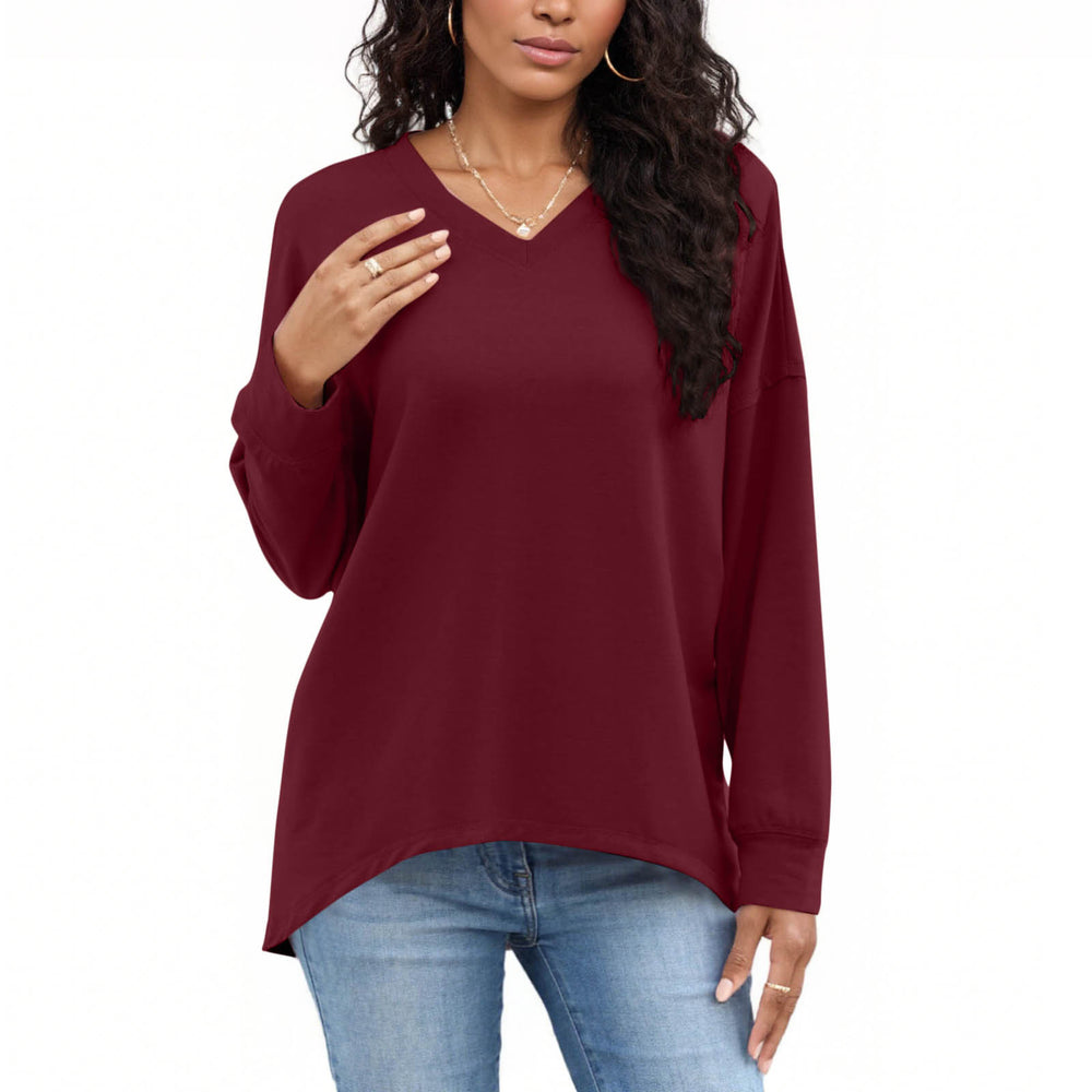 cross-border new women's fashion casual solid color v-neck long sleeve top hoodless sweatshirt