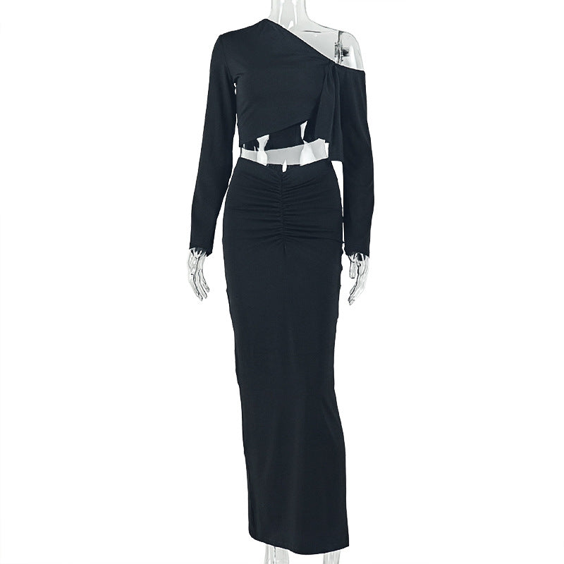 European and american style cross-border fashion women's pleated bodycon skirt set - solid color, asymmetrical neckline, long sleeve, one-shoulder tight dress
