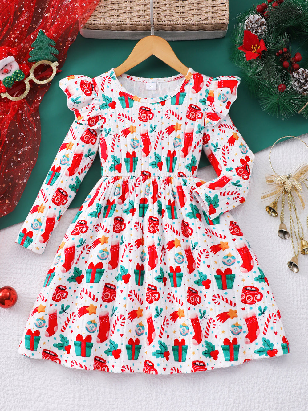 Girls' dress for toddlers and young children, all-over print long sleeve dress