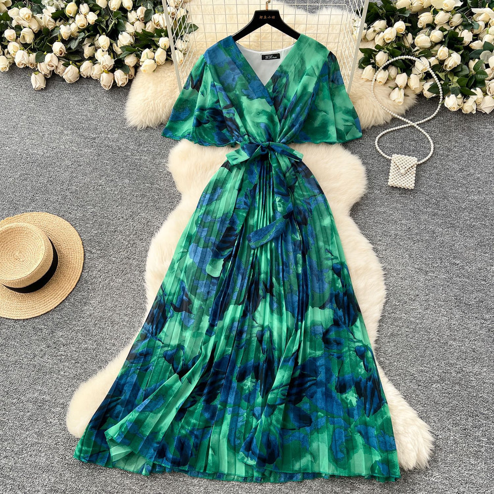 summer new arrival: women's high-end tie-waist v-neck flared sleeve slimming printed chiffon dress