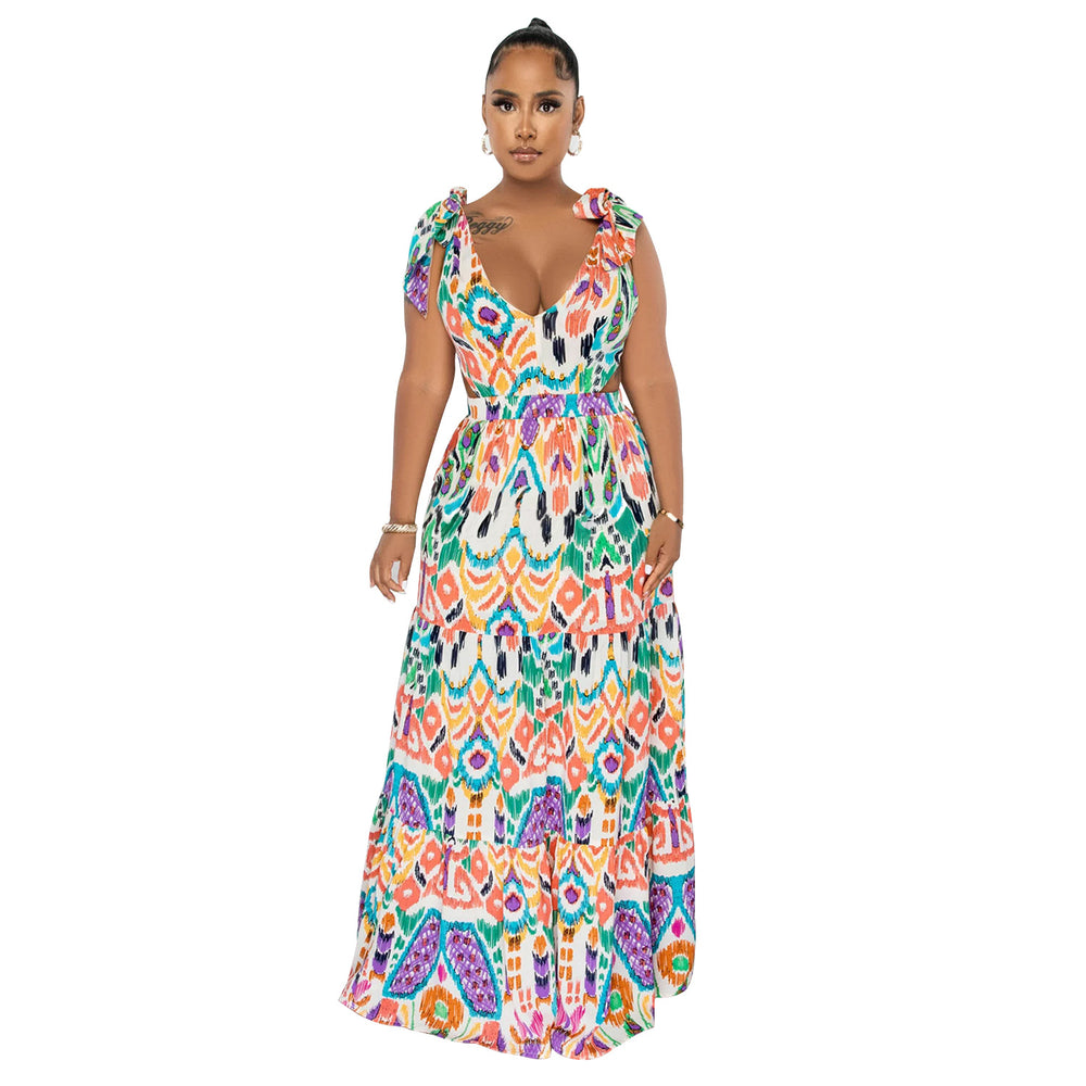 X6270 cross-border   fashion women's sleeveless tie-shoulder maxi dress