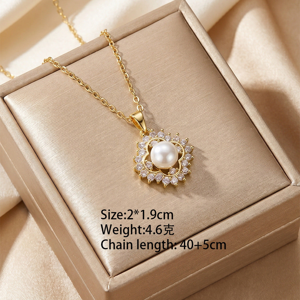 European and american hot-selling fashion zircon pearl necklace for women, lightweight luxury, niche, versatile, elegant, fashionable titanium steel clavicle chain jewelry