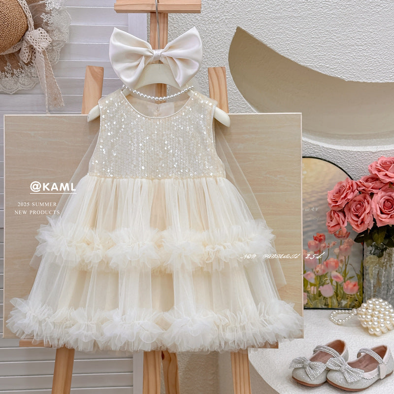 Girls' sequin mesh dress - new summer  style: chic tank dress, tiered cake dress, perfect birthday outfit for your daughter