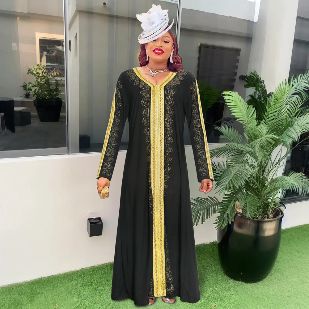 African  spring women's clothing   gold embroidery hotfix rhinestone beaded v-neck dress