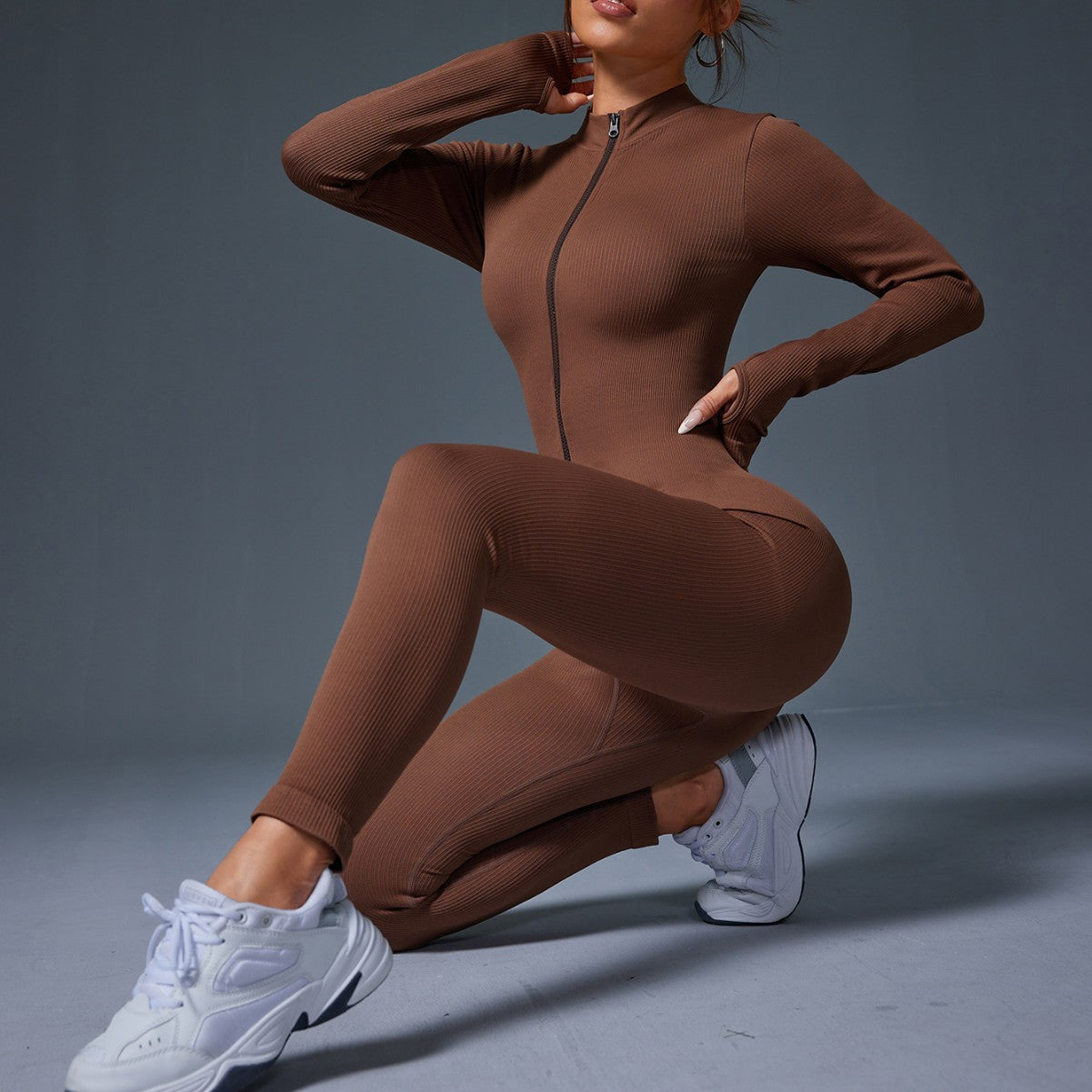 popular thick-threaded sports jumpsuit women's zipper thumb hole tight long-sleeved stand-up collar yoga clothes Europe and America