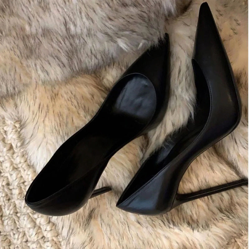 Hotel work shoes women's black high heels stiletto professional attire pointed toe high heels soft leather plus sizeplaid work flats