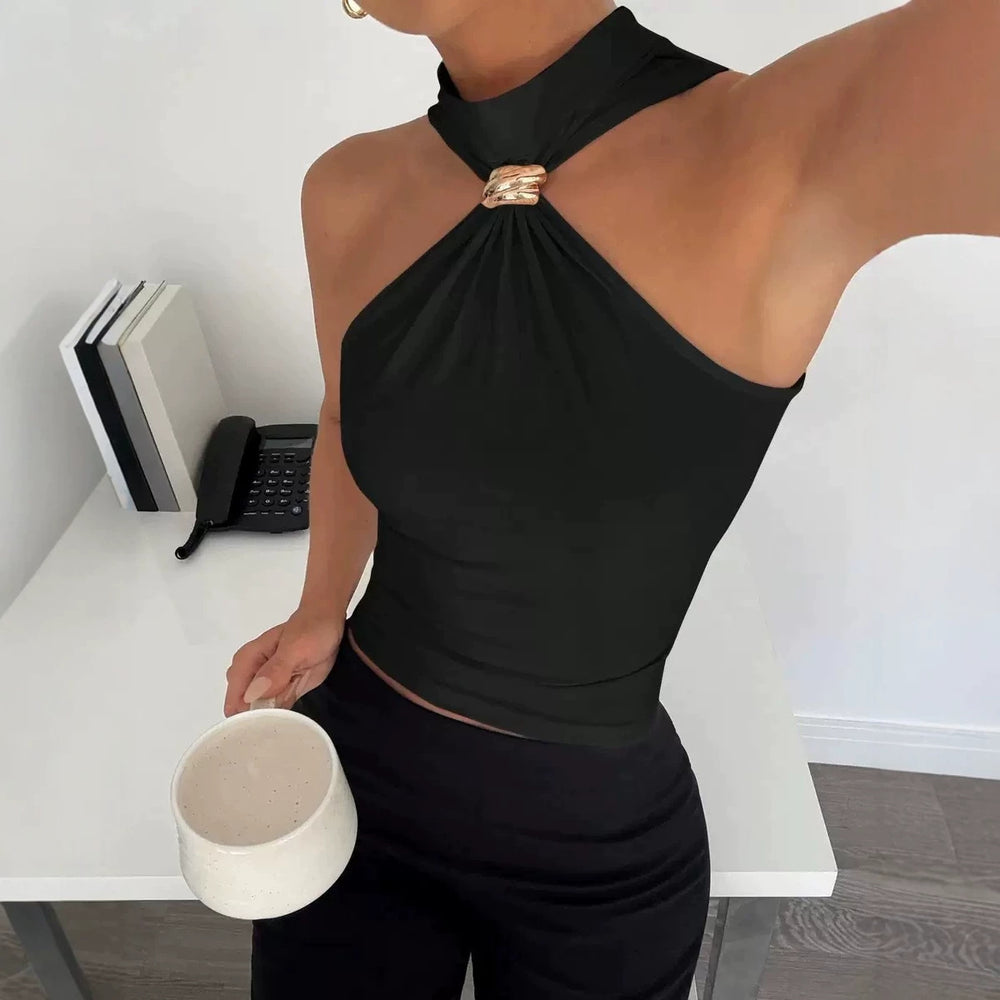 spring/summer women's high neck metallic ring sleeveless off-shoulder stretch tank top - suitable for , , and independent e-commerce stores