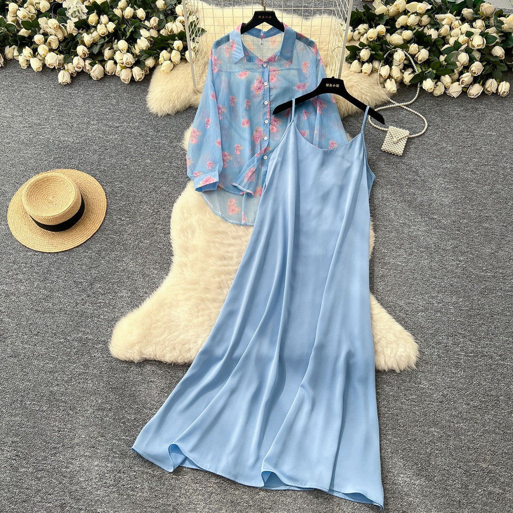 Beach vacation style solid color slim-fit cami dress + floral lightweight long-sleeve sun protection cardigan top set for women - summer