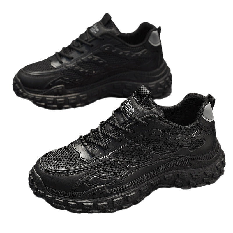 Men's winter work shoes: breathable, wear-resistant, anti-slip, tire tread sole, black athletic style, height increasing, trendy dad shoes